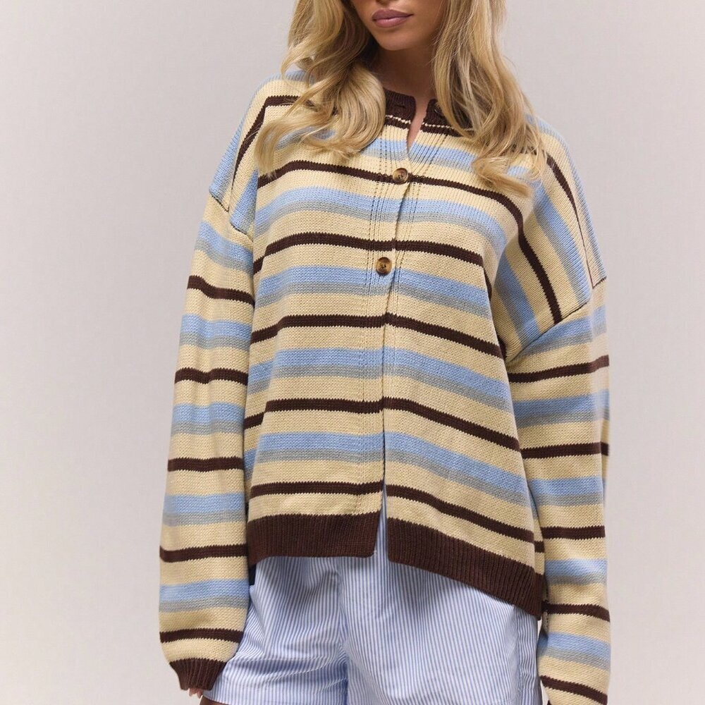 Womens Oversized Button Through Drop Shoulder Knitted Stripe cardigan sweater